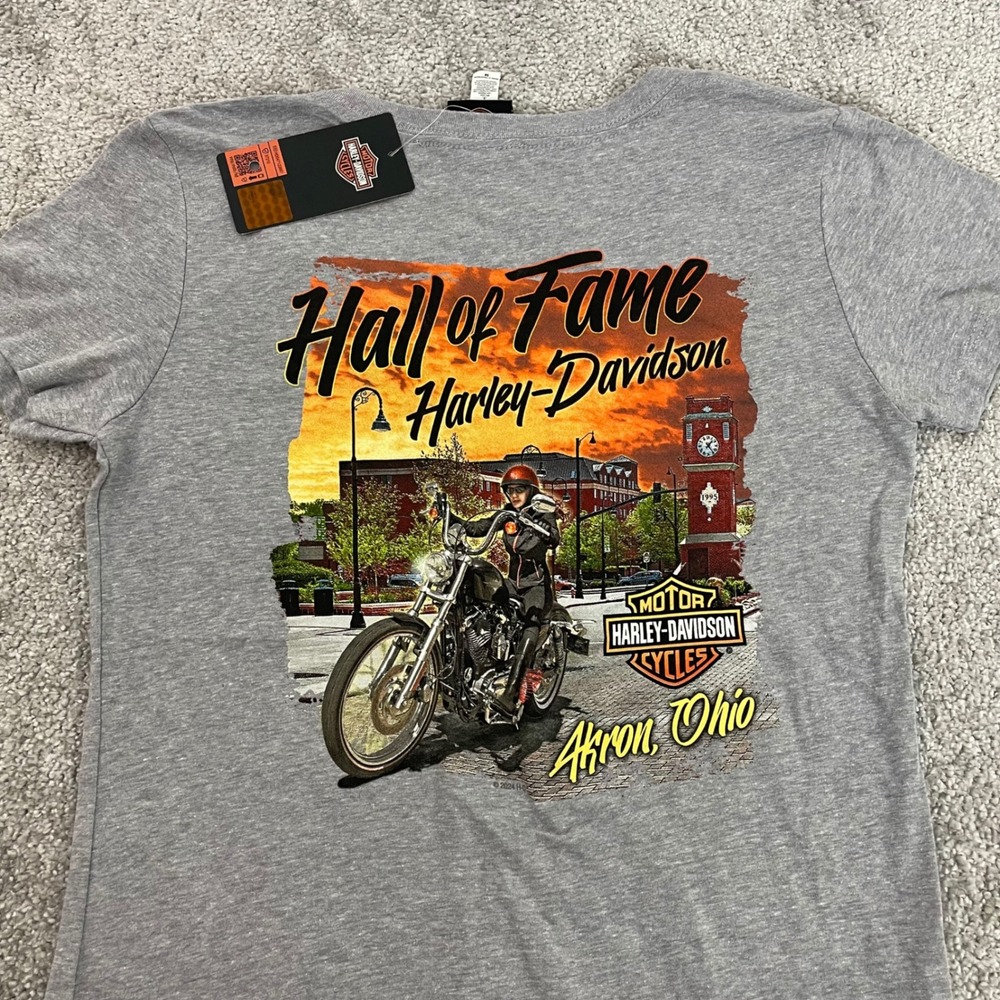 NEW Harley-Davidson Tee Womens Medium Hall Of Fame Akron Ohio Gray V-Neck NWT